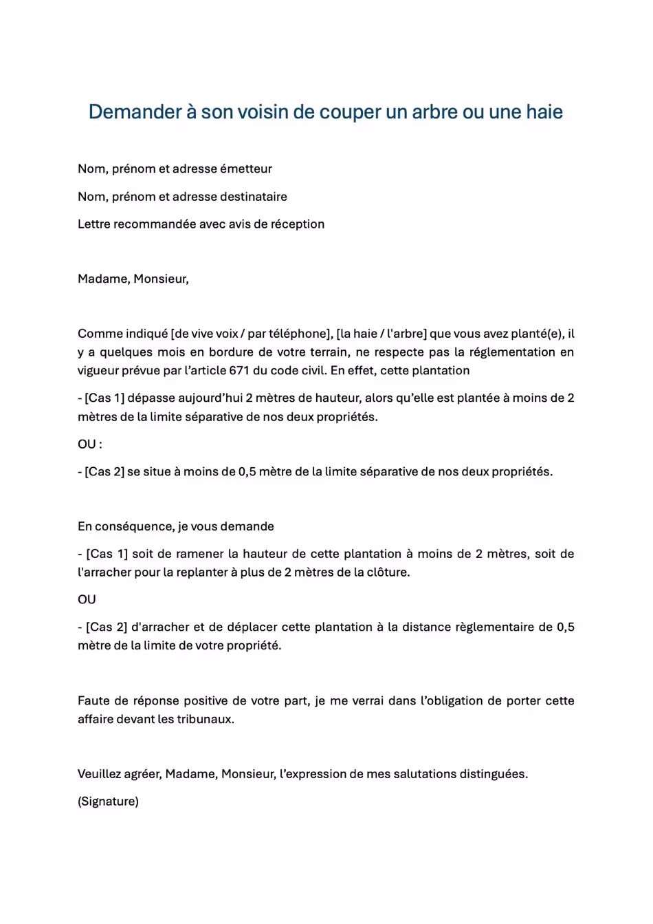 Modèle lettre demande à son voisin de couper un arbre ou une haie